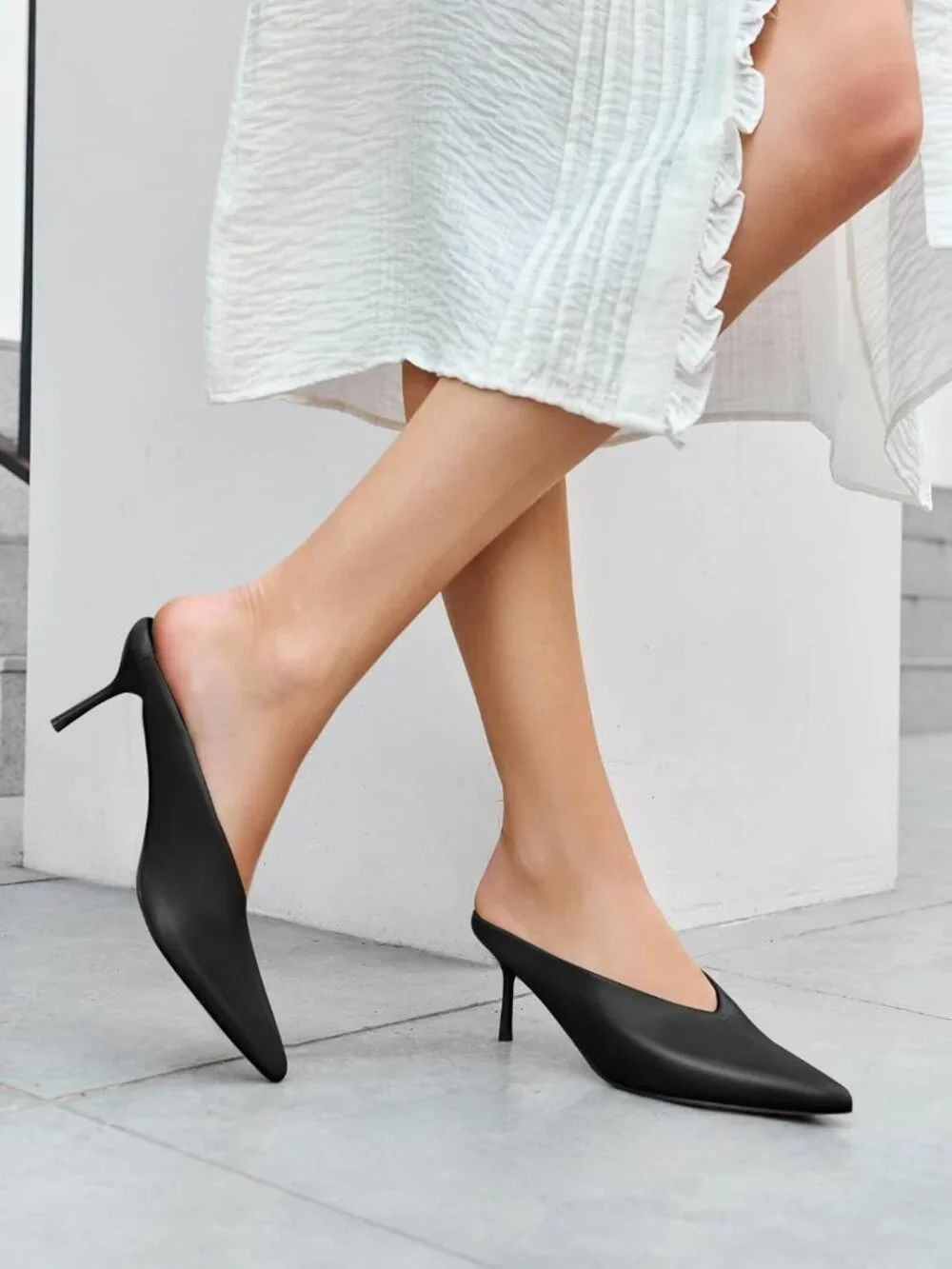 Women's Black High Heels Closed Pointed Toe Slide Sandals Slip On Summer Mules